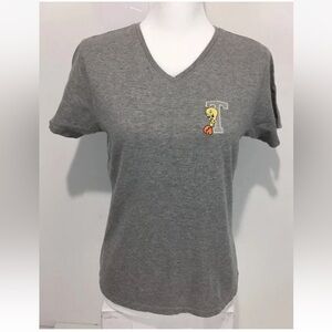 Looney Tunes Tweety Women XL Tee Gray Embroidered V Neck Unique Rare Vintage
